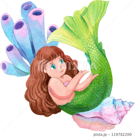 Mermaids are swimming among the tube spouge and conch shell, Watercolor Hand-drawn Illustration 119782200