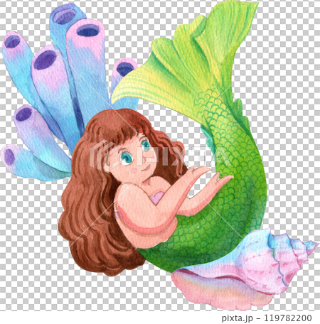 Mermaids are swimming among the tube spouge and conch shell, Watercolor Hand-drawn Illustration 119782200