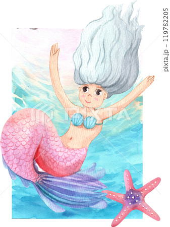 A mermaid swims in the sea with a starfish beside her, Watercolor Hand-drawn Illustration 119782205