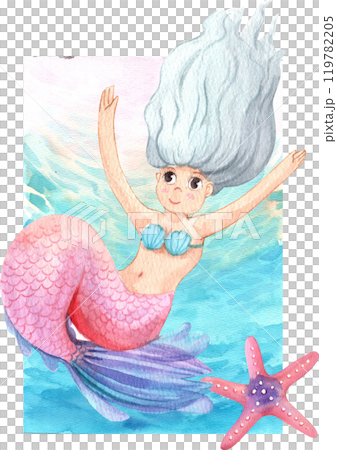 A mermaid swims in the sea with a starfish beside her, Watercolor Hand-drawn Illustration 119782205