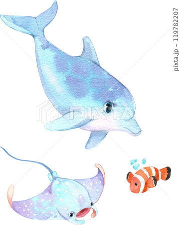 Marine animals include Whale, Manta Ray Cartoon and clownfish, Watercolor Hand-drawn Illustration 119782207