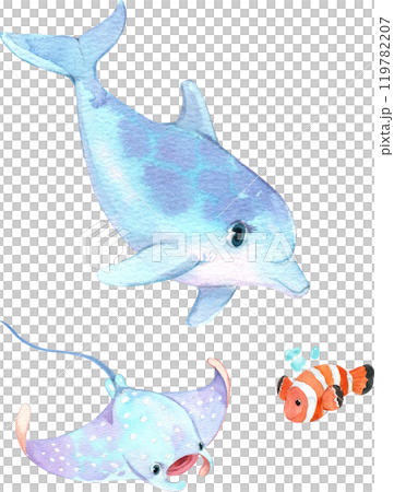 Marine animals include Whale, Manta Ray Cartoon and clownfish, Watercolor Hand-drawn Illustration 119782207