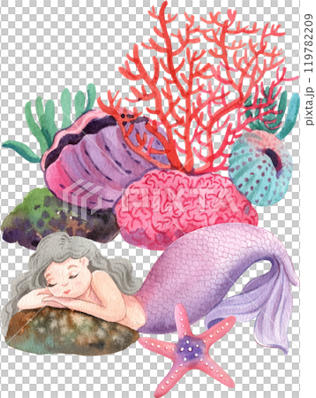 Mermaid with Red Coral Reef and seaweed, Watercolor Hand-drawn Illustration Mermaid with Red Coral Reef and seaweed, Watercolor Hand-drawn Illustration 119782209