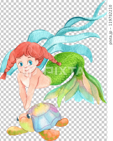 Mermaid with Turtle Marine Life, Watercolor Hand-drawn Illustration 119782210