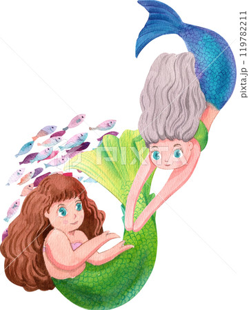 Two Mermaids swimming together with school of fish, Watercolor Hand-drawn Illustration Two Mermaids swimming together with school of fish, Watercolor Hand-drawn Illustration 119782211