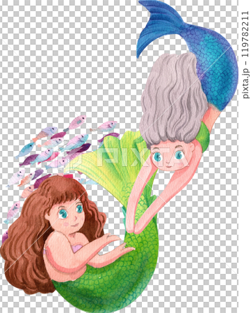 Two Mermaids swimming together with school of fish, Watercolor Hand-drawn Illustration Two Mermaids swimming together with school of fish, Watercolor Hand-drawn Illustration 119782211