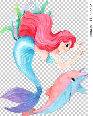 Mermaids swimming with a dolphin looking happy, Watercolor Hand-drawn Illustration Mermaids swimming with a dolphin looking happy, Watercolor Hand-drawn Illustration 119782212