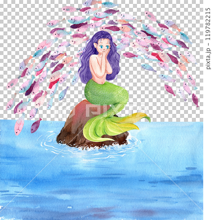 Mermaids sitting on the stones with a school of fish, Watercolor Hand-drawn Illustration 119782215