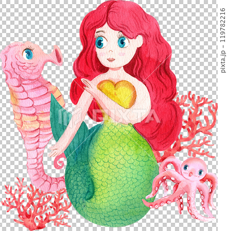 Red-haired mermaids with a sea horse, a squid, and red branch coral, Watercolor Hand-drawn Illustration Red-haired mermaids with a sea horse, a squid, and red branch coral, Watercolor Hand-drawn Illustration 119782216