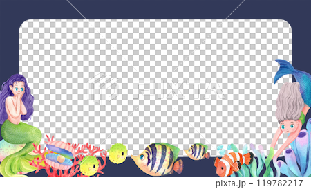 Mermaids and Marine Animals Frame Design, Watercolor Hand-Drawn Illustration 119782217