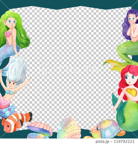 Mystical Mermaids and Their Ocean Friends Frame Design, Watercolor Hand-Drawn Illustration Mystical Mermaids and Their Ocean Friends Frame Design, Watercolor Hand-Drawn Illustration 119782221