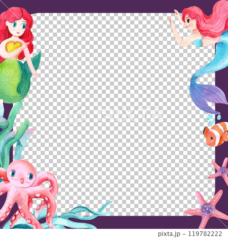 Two Mermaids with Marine Life Frame Design, Watercolor Hand-Drawn Illustration 119782222