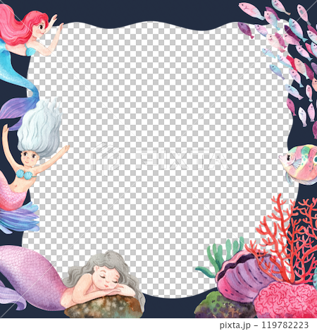 Mermaids in Harmony with Ocean Creatures Frame Design, Watercolor Hand-Drawn Illustration 119782223