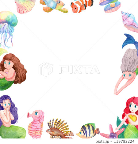 Mermaids and Their Underwater Companions Frame Design, Watercolor Hand-Drawn Illustration 119782224