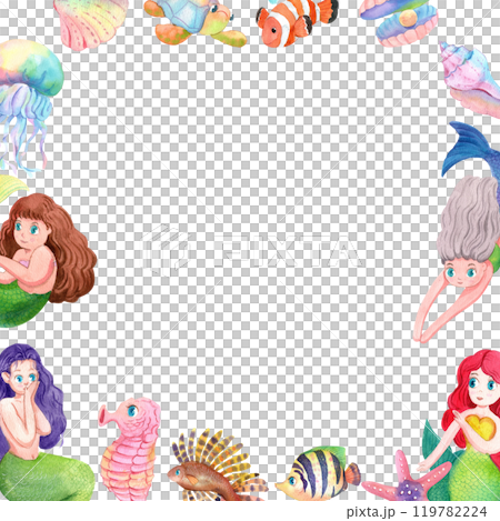 Mermaids and Their Underwater Companions Frame Design, Watercolor Hand-Drawn Illustration 119782224