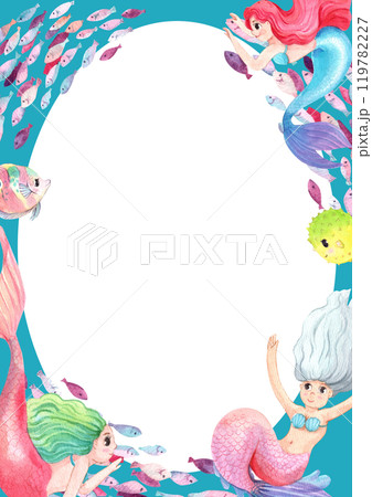 A Symphony of the Sea with the Mermaids Frame Design, Watercolor Hand-Drawn Illustration A Symphony of the Sea with the Mermaids Frame Design, Watercolor Hand-Drawn Illustration 119782227