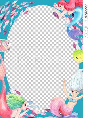 A Symphony of the Sea with the Mermaids Frame Design, Watercolor Hand-Drawn Illustration 119782227