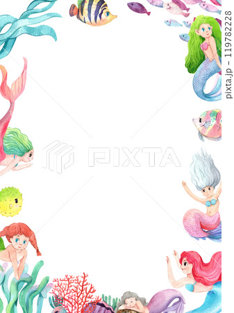 The World of Mermaids and Marine Animals Frame Design, Watercolor Hand-Drawn Illustration 119782228