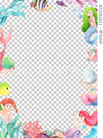 The World of Mermaids and Marine Animals Frame Design, Watercolor Hand-Drawn Illustration 119782228