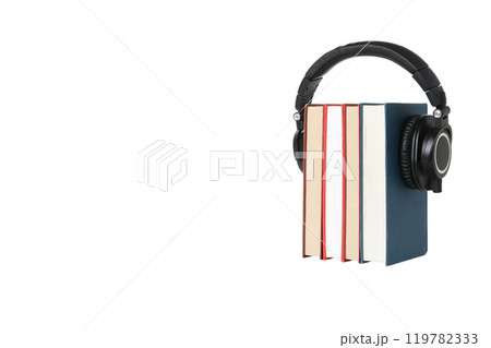PNG, Books with modern headphones, isolated on white background. 119782333