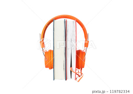 PNG, Books with modern headphones, isolated on white background. PNG, Books with modern headphones, isolated on white background. 119782334