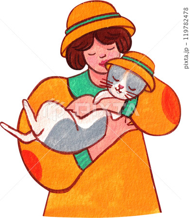 woman in an orange shirt holding a gray and white cat in an orange hat, hand-drawn watercolor painting illustration woman in an orange shirt holding a gray and white cat in an orange hat, hand-drawn watercolor painting illustration 119782478