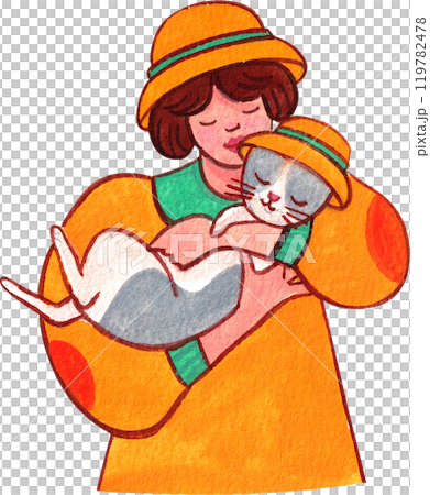 woman in an orange shirt holding a gray and white cat in an orange hat, hand-drawn watercolor painting illustration woman in an orange shirt holding a gray and white cat in an orange hat, hand-drawn watercolor painting illustration 119782478