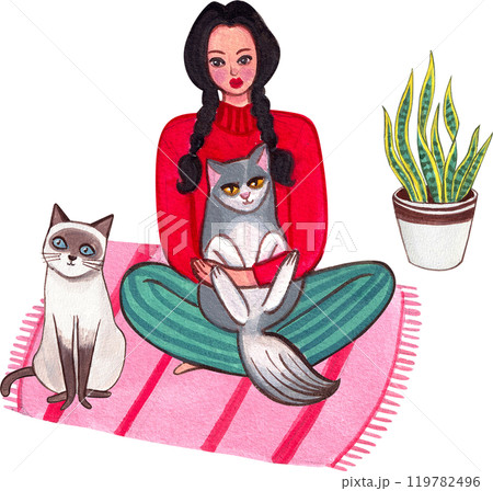 A woman in a red shirt holds a cat on her lap. Next to her is a blue cat on a mat near a snake plant., hand-drawn watercolor painting illustration 119782496