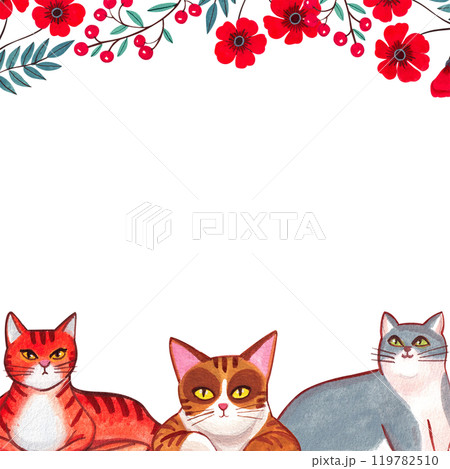 A gray, orange, and brown cat is sitting and looking forward under a red flower that is crawling around., hand-drawn watercolor frame design 119782510