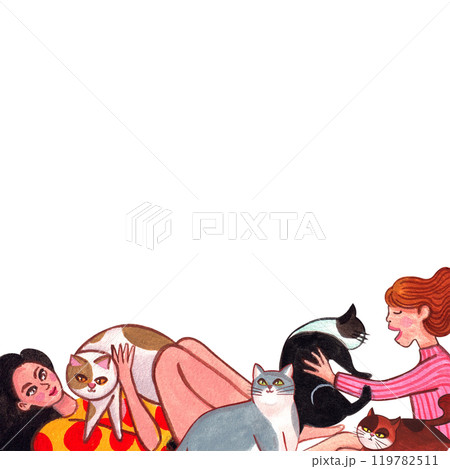 Two women holding their cats, sitting and sleeping, happily., hand-drawn watercolor frame design 119782511