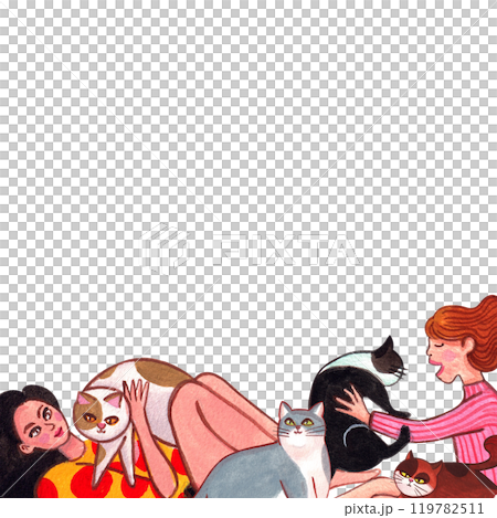 Two women holding their cats, sitting and sleeping, happily., hand-drawn watercolor frame design 119782511