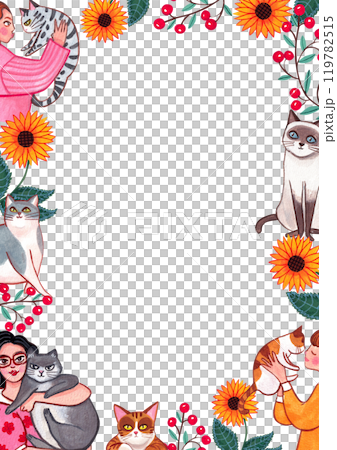 A woman holds a cat while playing amidst bright yellow flowers., hand-drawn watercolor frame design 119782515