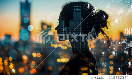 バーチャルな金融ダッシュボードを観察する女性 119782574