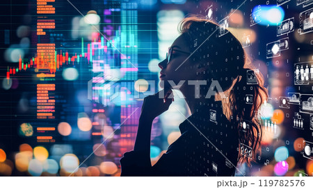バーチャルな金融ダッシュボードを観察する女性 119782576