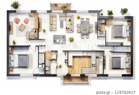 3D Top view landscape design plan with house, a private house with kitchen, bedrooms, living room, dining room, bathroom and furniture. 119782617