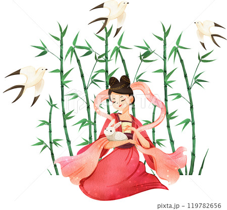 Chinese tender woman cartoon and decor watercolor hand drawn 119782656