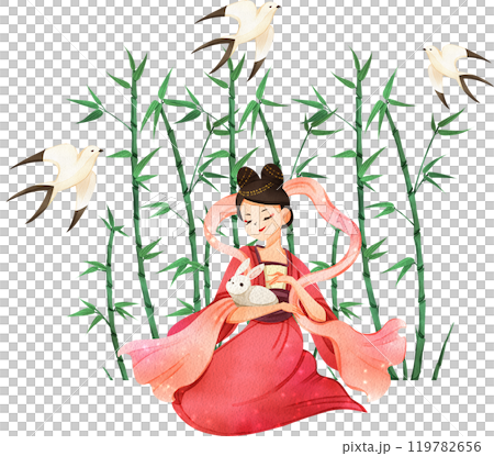 Chinese tender woman cartoon and decor watercolor hand drawn 119782656