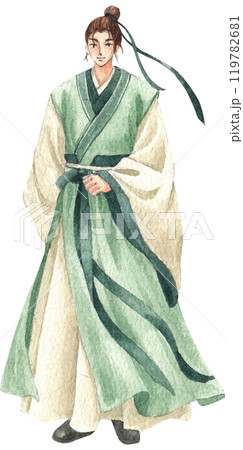 portrait of a Chinese man watercolor hand drawn 119782681