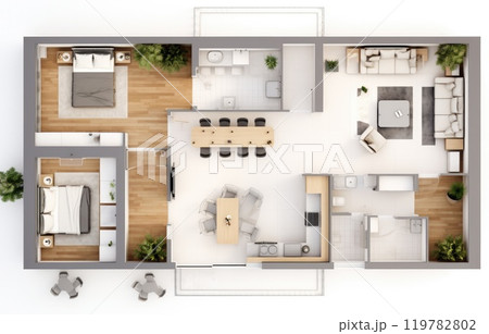 3D Top view landscape design plan with house, a private house with kitchen, bedrooms, living room, dining room, bathroom and furniture. 119782802