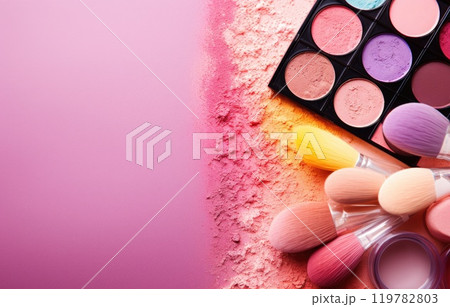 A pink makeup bag with cosmetic beauty products spilling out on to a pastel colored background, with empty space at side 119782803