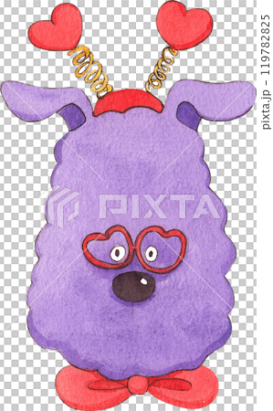 purple poodle with glasses, red bow, and red headband, hand-drawn watercolor painting illustration 119782825