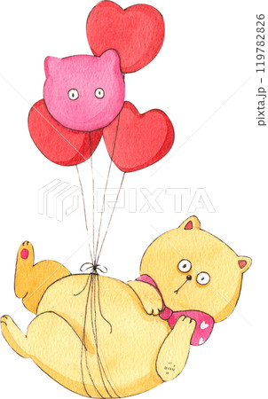 yellow cat holding heart-shaped balloons, hand-drawn watercolor painting illustration 119782826