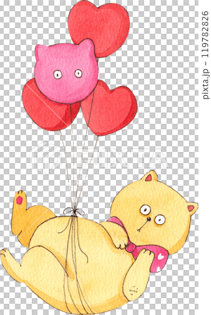 yellow cat holding heart-shaped balloons, hand-drawn watercolor painting illustration 119782826
