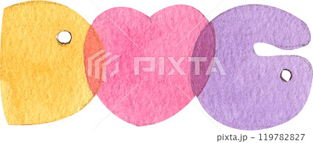 letters spelling _dog_ in yellow, pink, and purple, hand-drawn watercolor painting illustration 119782827