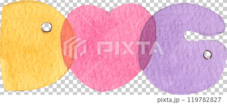 letters spelling _dog_ in yellow, pink, and purple, hand-drawn watercolor painting illustration 119782827