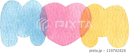 letters spelling _mom_ in blue, pink, and yellow, hand-drawn watercolor painting illustration 119782828