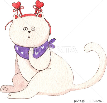 white cat sitting, making a mini heart, with a purple scarf and red heart headband, hand-drawn watercolor painting illustration 119782829