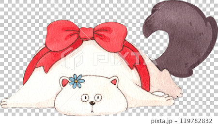 white cat lying down with a big red bow and blue flower on its head., hand-drawn watercolor painting illustration 119782832