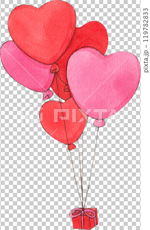 red gift box tied with red and pink heart-shaped balloons, hand-drawn watercolor painting illustration 119782833