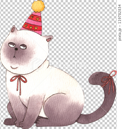 siamese cat wearing a red and pink party hat with yellow fluff., hand-drawn watercolor painting illustration 119782834